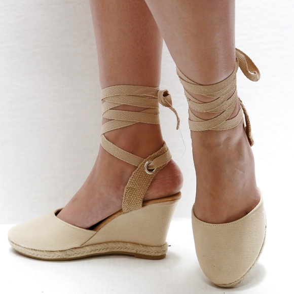 New Beige Lace Up Espadrille Wedge Heel Sandals - Picture 2 of 3